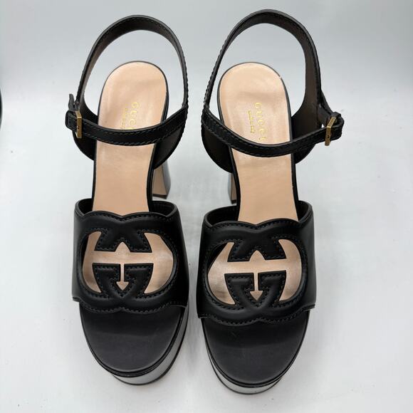 Gucci Interlocking G Platform High Heel Sandal Black Leather Cosmo Softy EU39 .5 - Picture 10 of 12